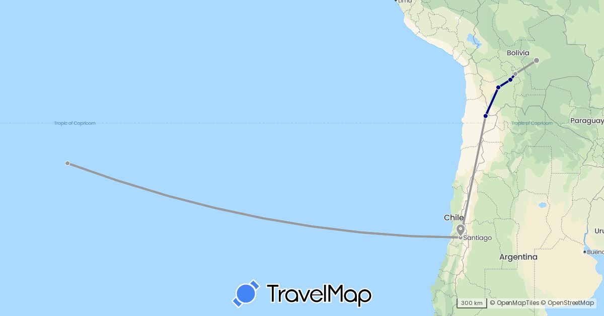 TravelMap itinerary: driving, plane in Bolivia, Chile (South America)